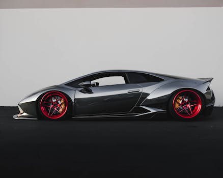 Grey Lamborghini sports car with distinctive red rims parked outdoors. automobile, wheel, road, transport, light, traffic, speed, headlights, limousine, sports car, rim, rubber,forged wheels vs cast wheels comparison, felgi, felga, alufelgi