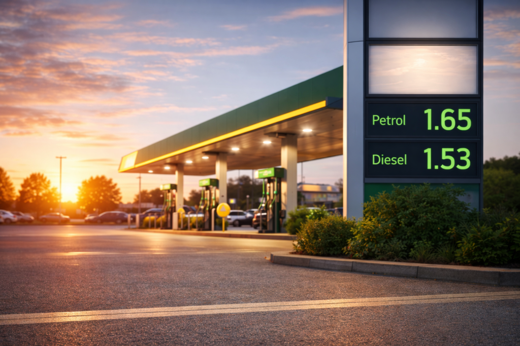 petrol and diesel fuel prices at gas station sunset